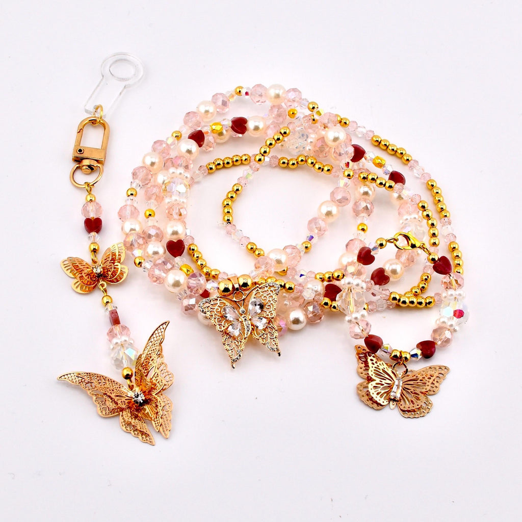 Pink Butterfly Bracelet Stack Set of 5, Tumbler Bracelets, Gold Butterfly Charm, Pearl Crystal Beaded Bracelets, 40 oz Cup Accessory