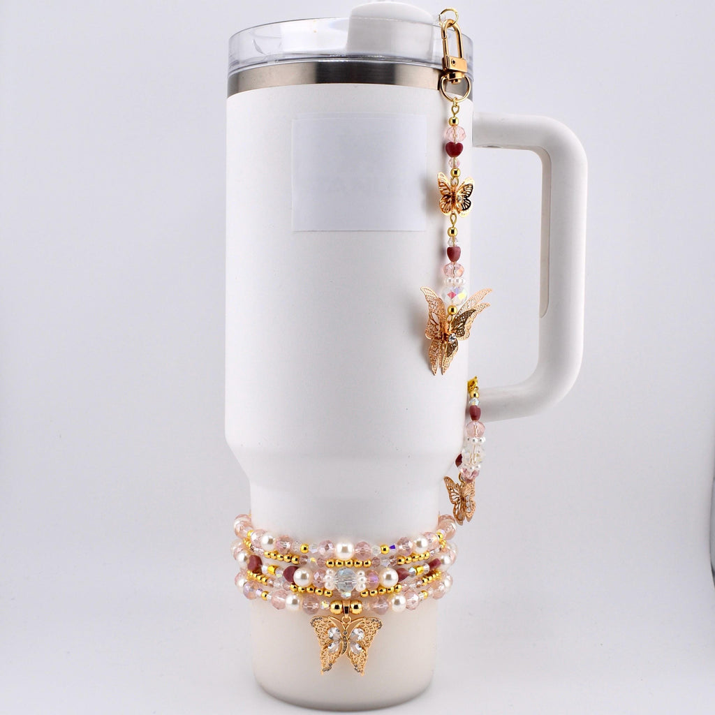 Pink Butterfly Bracelet Stack Set of 5, Tumbler Bracelets, Gold Butterfly Charm, Pearl Crystal Beaded Bracelets, 40 oz Cup Accessory