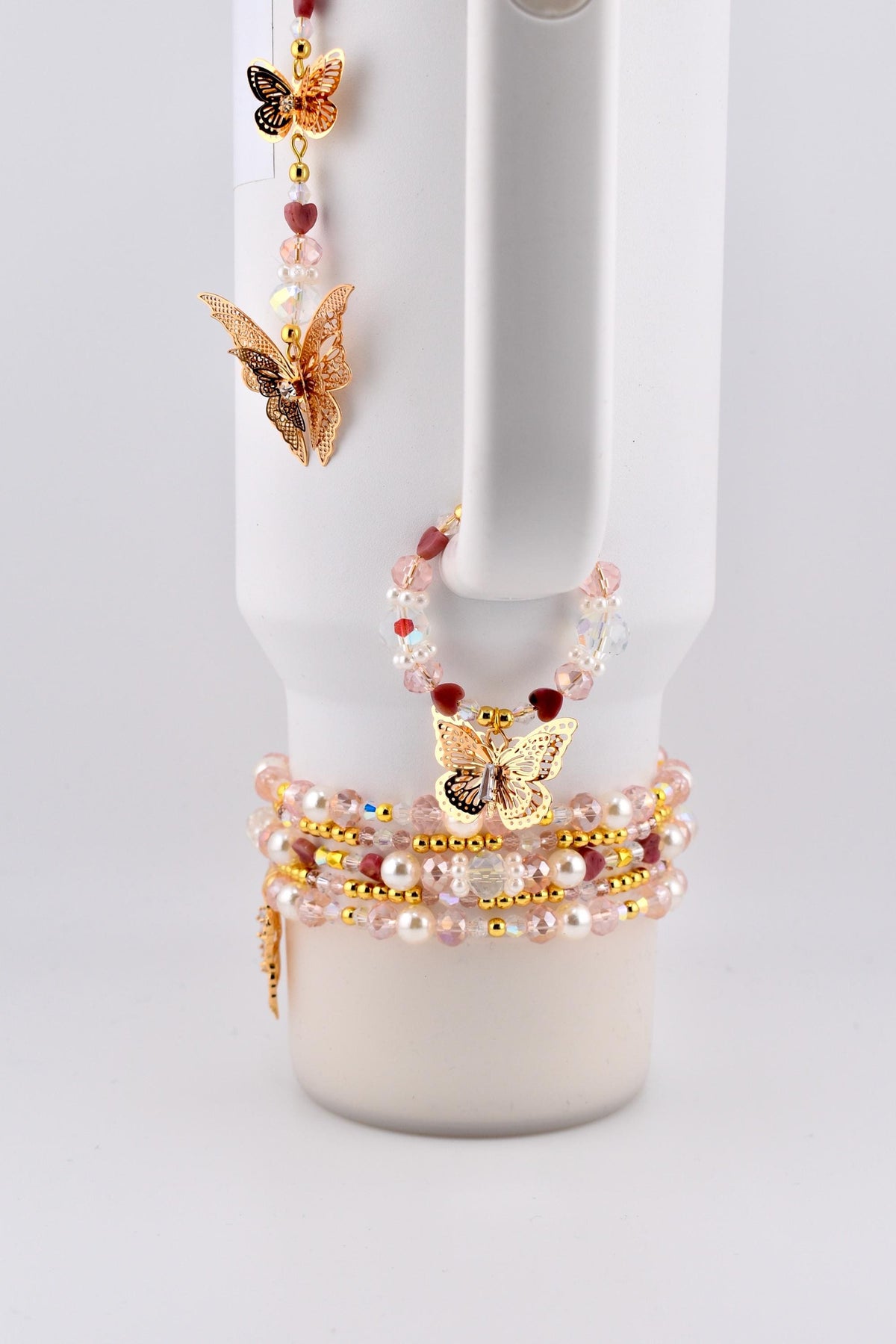 Pink Butterfly Bracelet Stack Set of 5, Tumbler Bracelets, Gold Butterfly Charm, Pearl Crystal Beaded Bracelets, 40 oz Cup Accessory