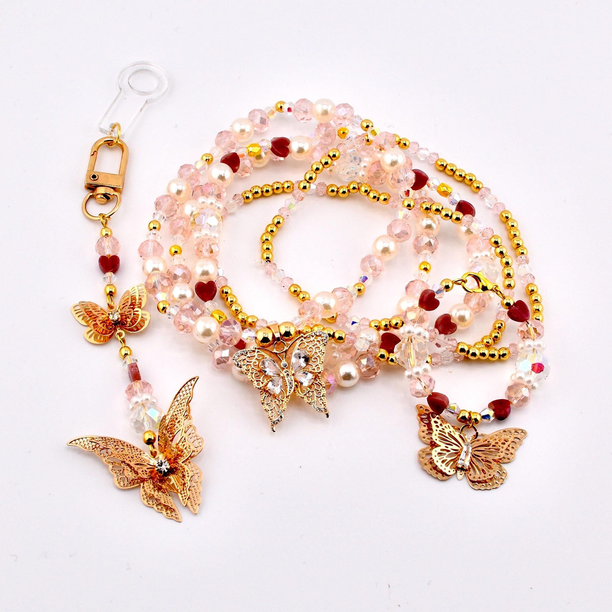 Butterfly Straw Charm, Gold Butterfly Tumbler Charm, Pink Beaded Straw Dangle, Pearl Crystal Cup Charm, Bag Charm Keychain Option