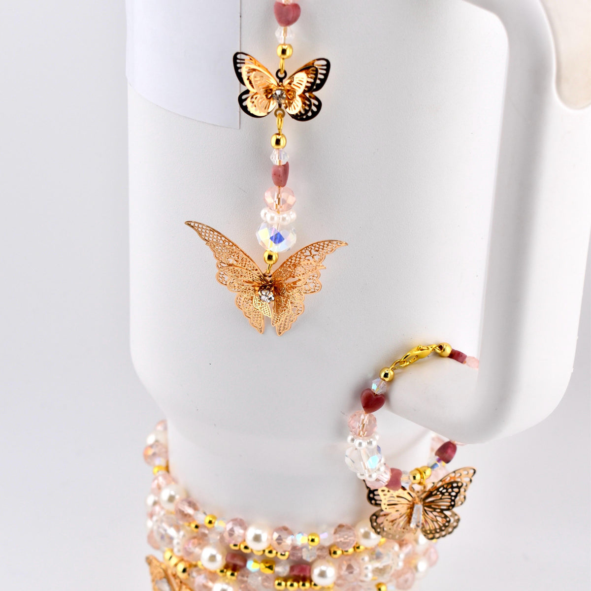 Butterfly Straw Charm, Gold Butterfly Tumbler Charm, Pink Beaded Straw Dangle, Pearl Crystal Cup Charm, Bag Charm Keychain Option