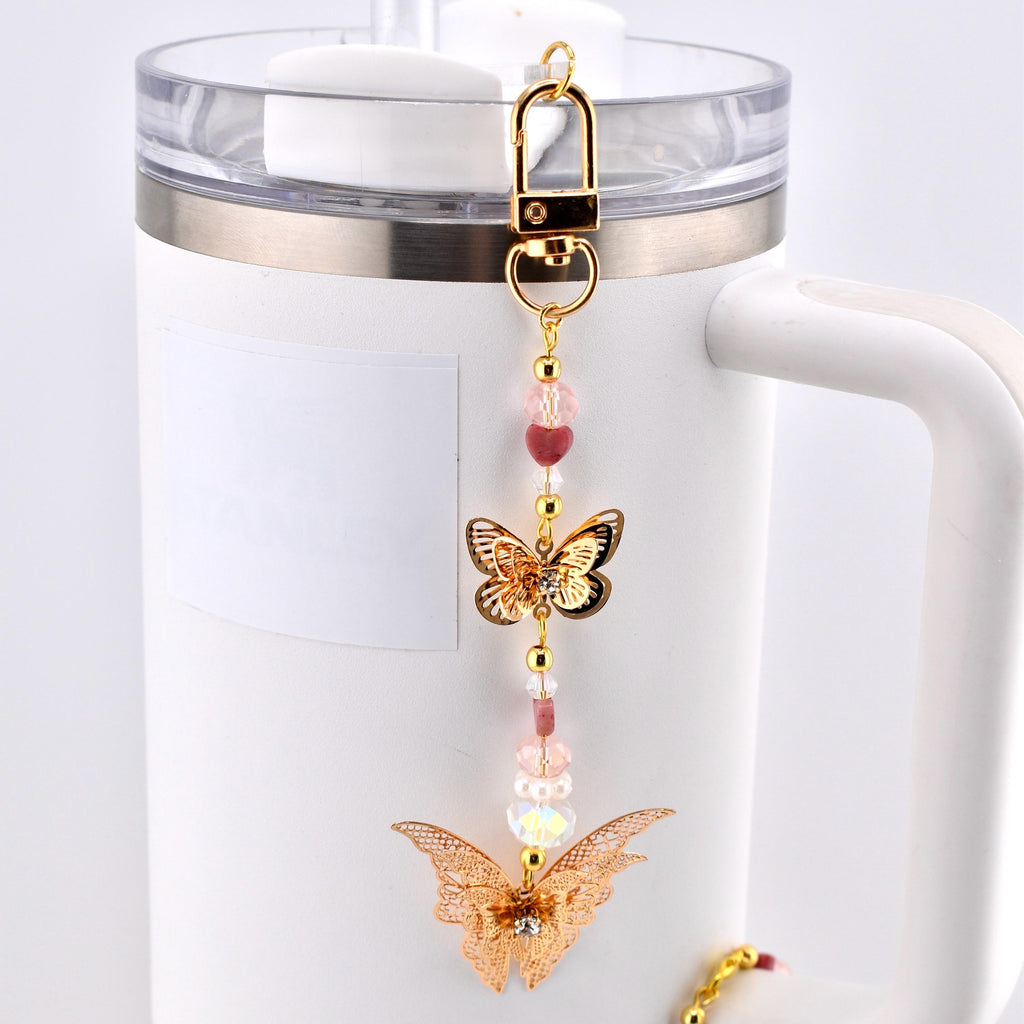 Butterfly Straw Charm, Gold Butterfly Tumbler Charm, Pink Beaded Straw Dangle, Pearl Crystal Cup Charm, Bag Charm Keychain Option