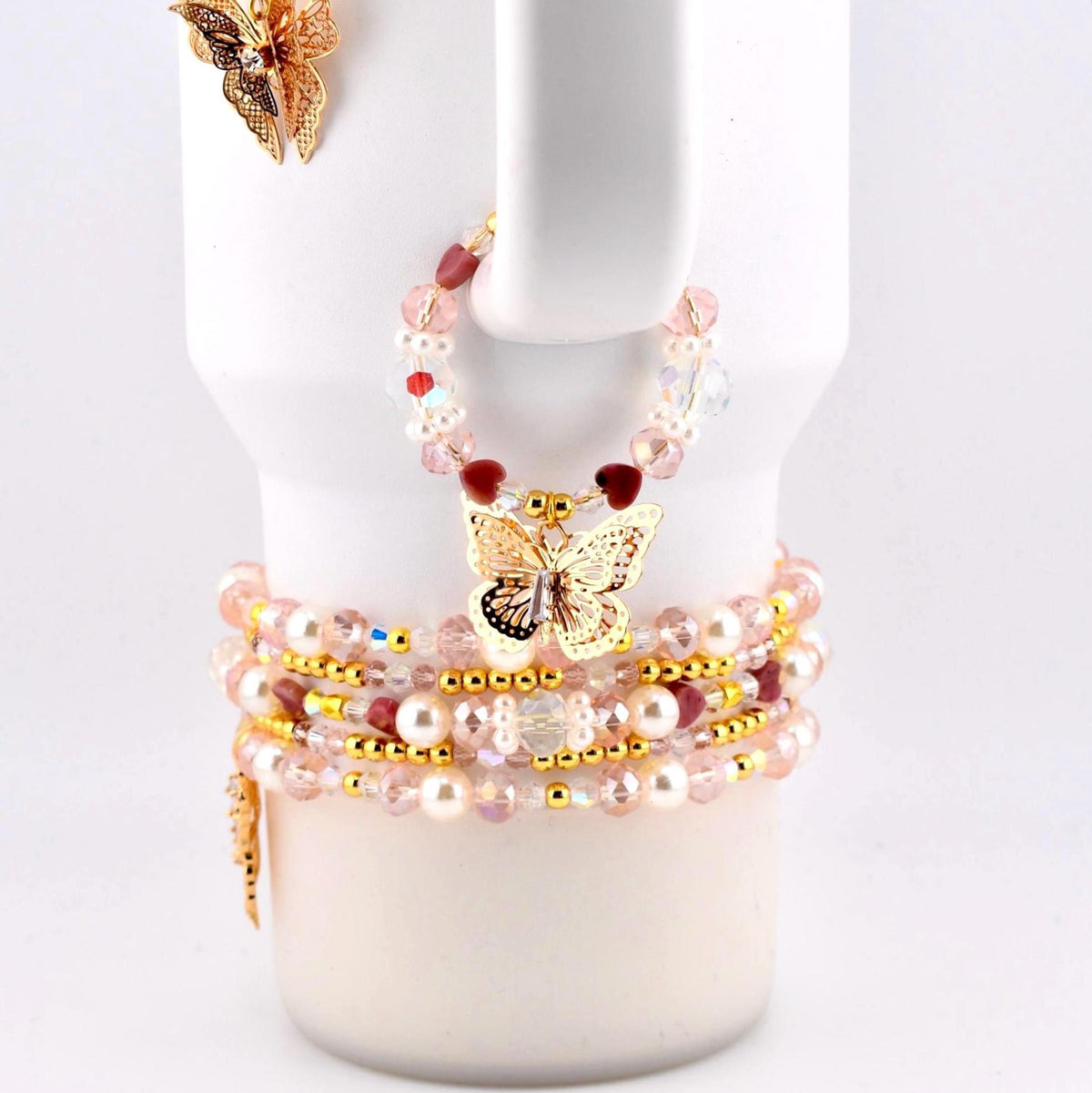 Pink Butterfly Tumbler Handle Charm, Gold Butterfly Beaded Handle Accessory, Pearl Crystal Heart Cup Charm, 40 oz Tumbler Accessory