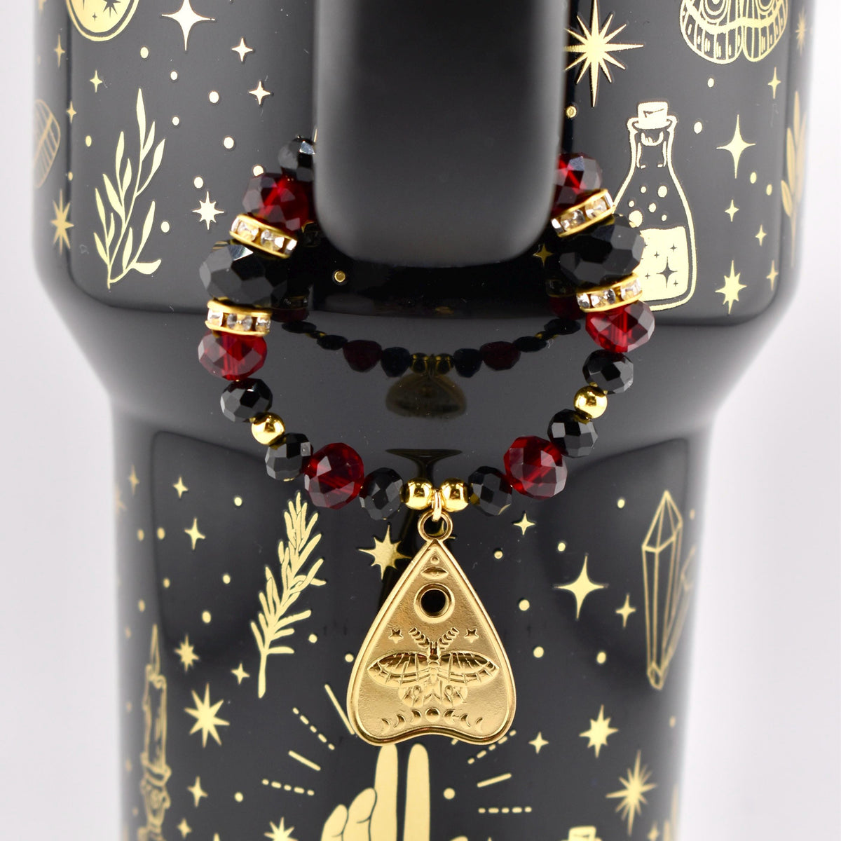 Gothic Ruby Noir Tumbler Handle Bracelet: Halloween 18K Gold Plated Ouija Charm Tumbler Accessory