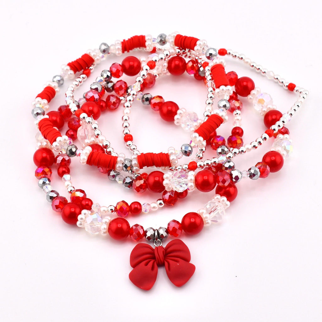 Soft Pink Ribbon Bracelet Collection: Red Silver and Crystal Beaded Bracelets