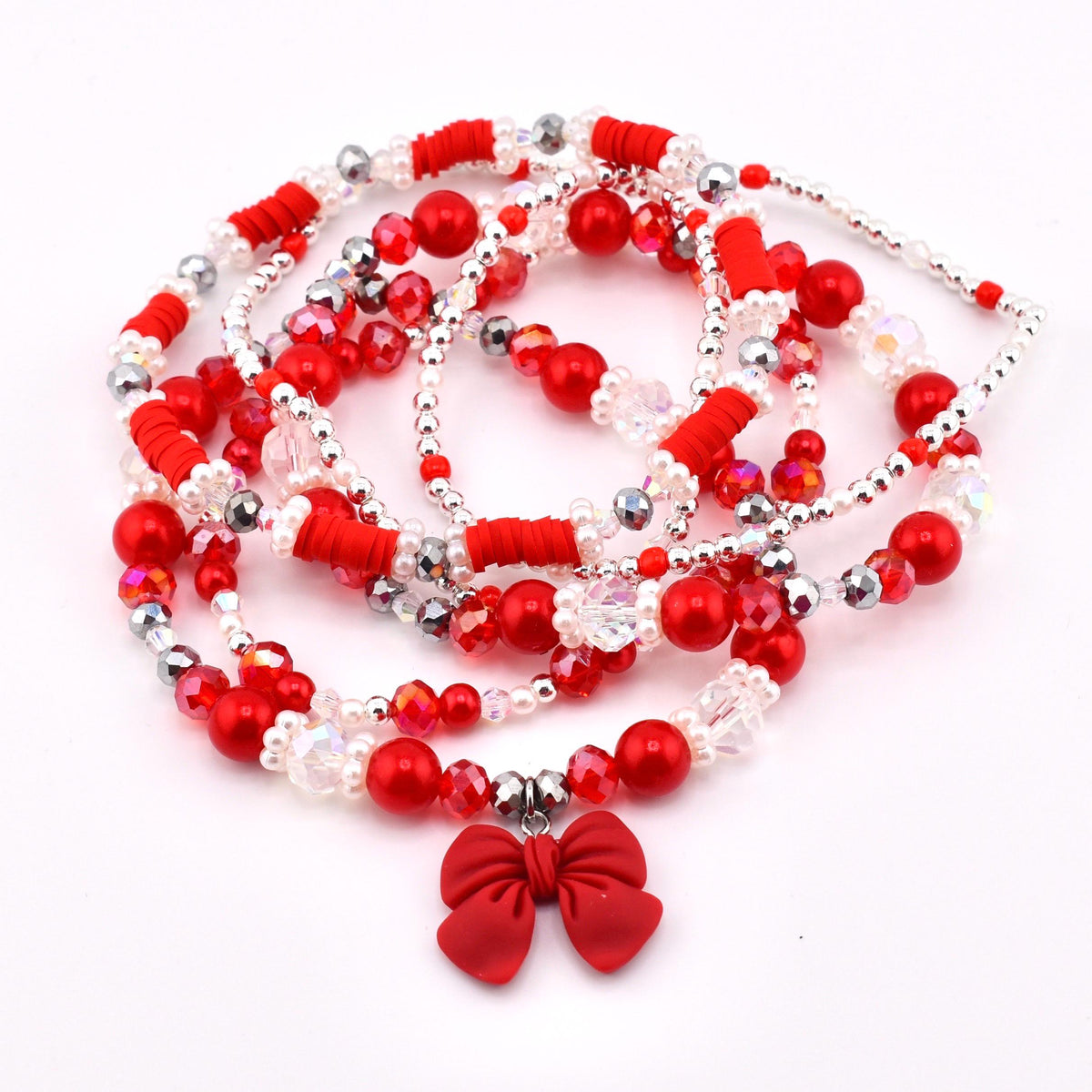 Soft Pink Ribbon Bracelet Collection: Red Silver and Crystal Beaded Bracelets