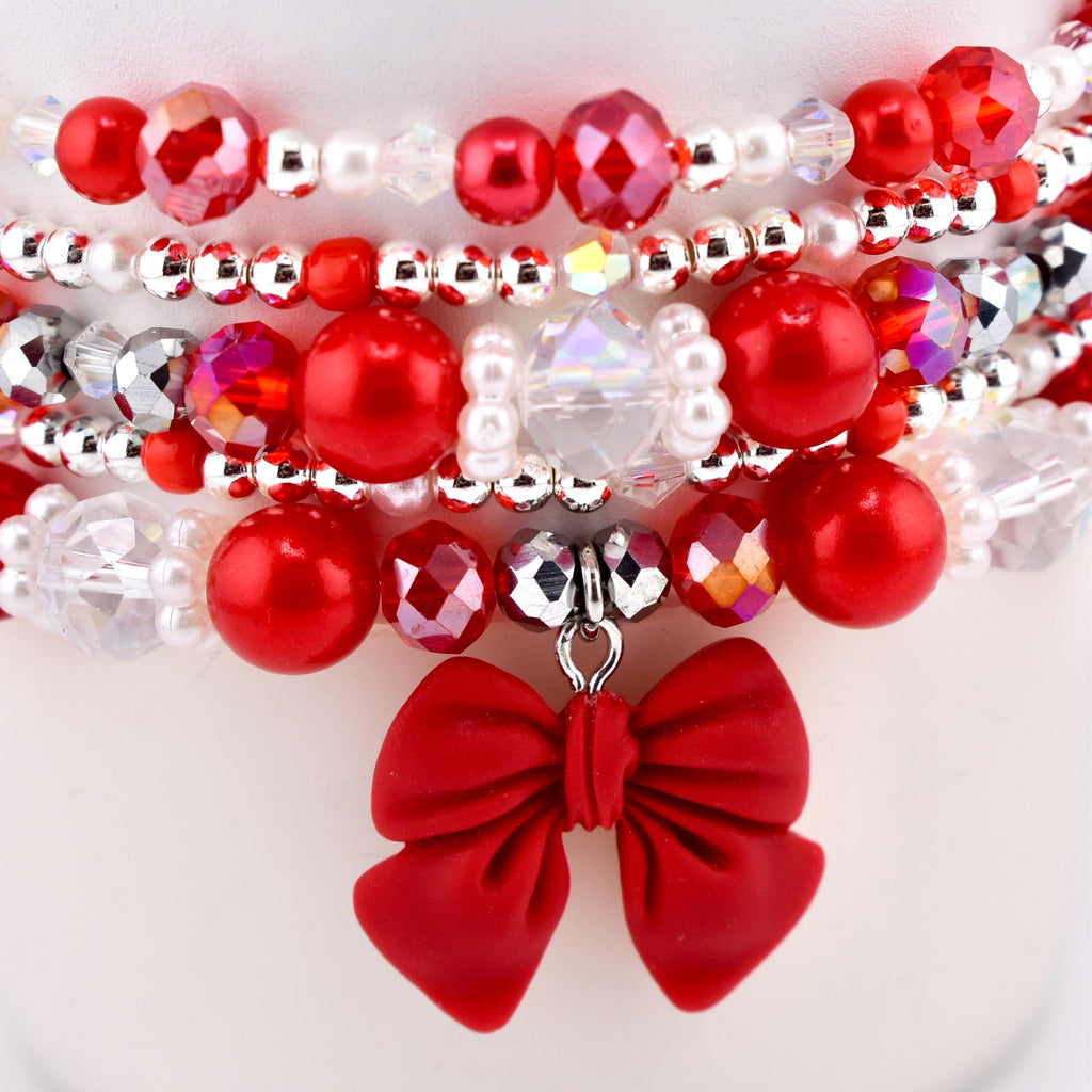 Soft Pink Ribbon Bracelet Collection: Red Silver and Crystal Beaded Bracelets