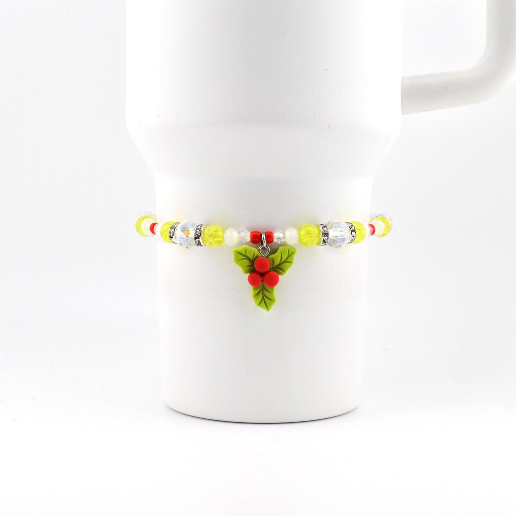 Handmade Christmas Holly Beaded Bracelet | Festive Crystal Accents, Tumbler Accessory