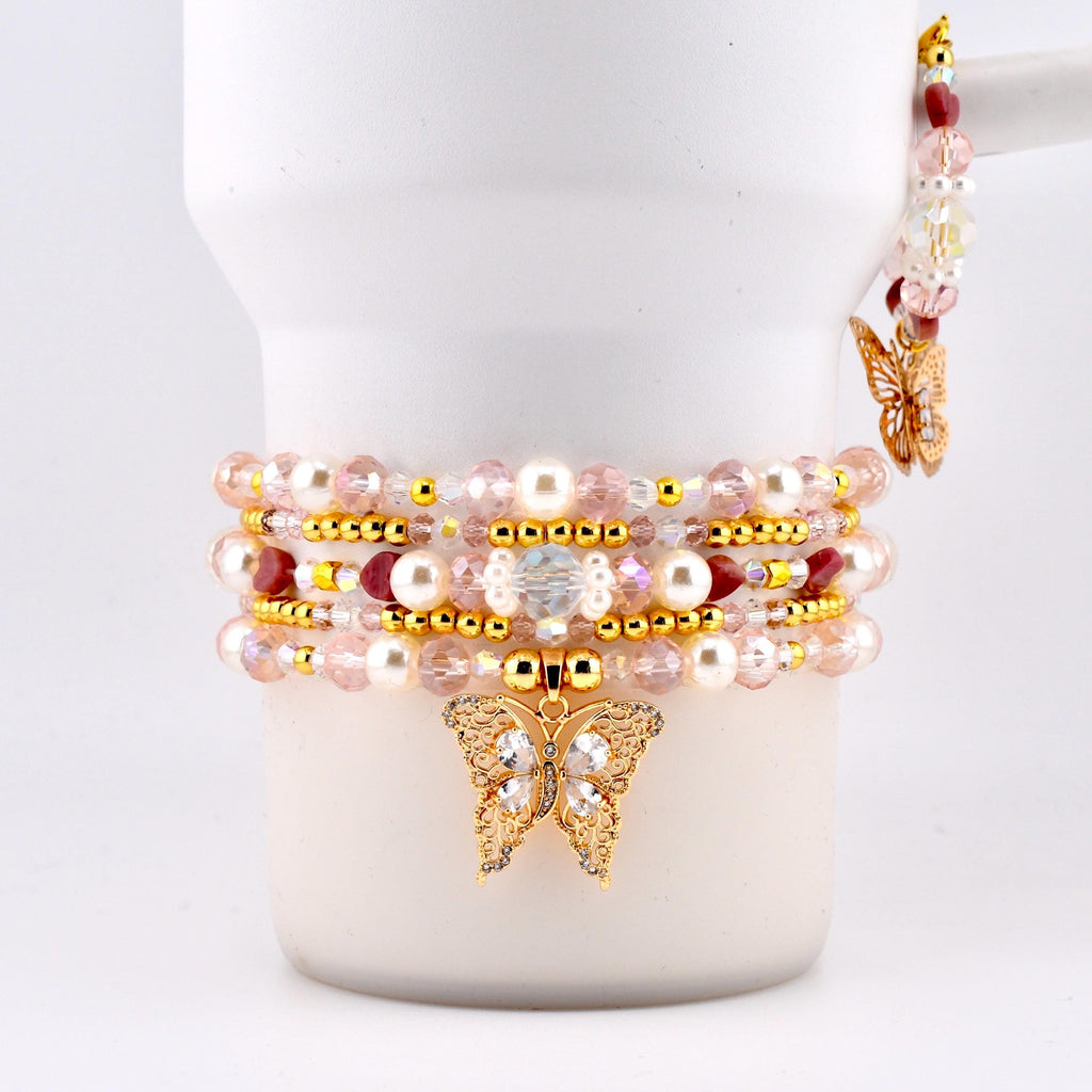 Pink Butterfly Bracelet Stack Set of 5, Tumbler Bracelets, Gold Butterfly Charm, Pearl Crystal Beaded Bracelets, 40 oz Cup Accessory
