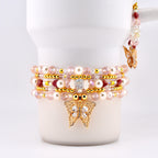 Pink Butterfly Bracelet Stack Set of 5, Tumbler Bracelets, Gold Butterfly Charm, Pearl Crystal Beaded Bracelets, 40 oz Cup Accessory