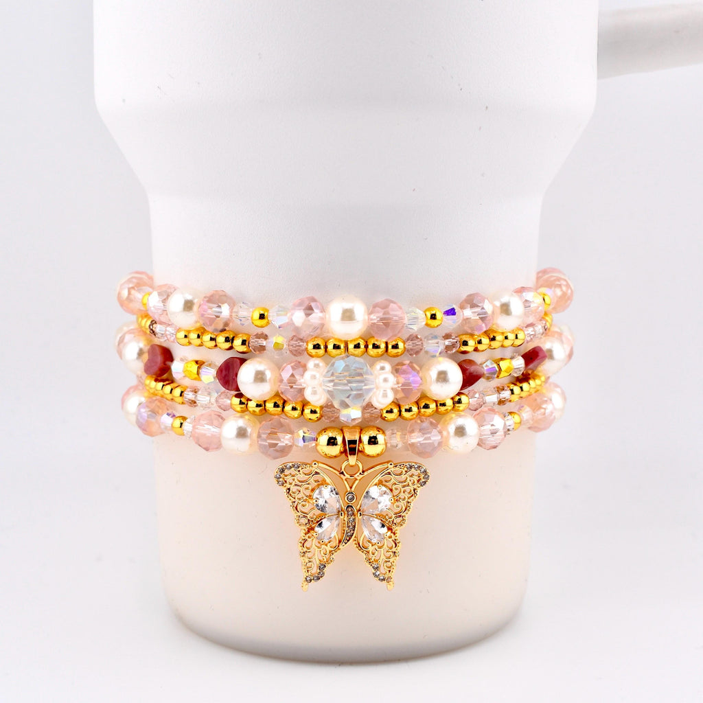 Pink Butterfly Bracelet Stack Set of 5, Tumbler Bracelets, Gold Butterfly Charm, Pearl Crystal Beaded Bracelets, 40 oz Cup Accessory