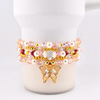 Pink Butterfly Bracelet Stack Set of 5, Tumbler Bracelets, Gold Butterfly Charm, Pearl Crystal Beaded Bracelets, 40 oz Cup Accessory