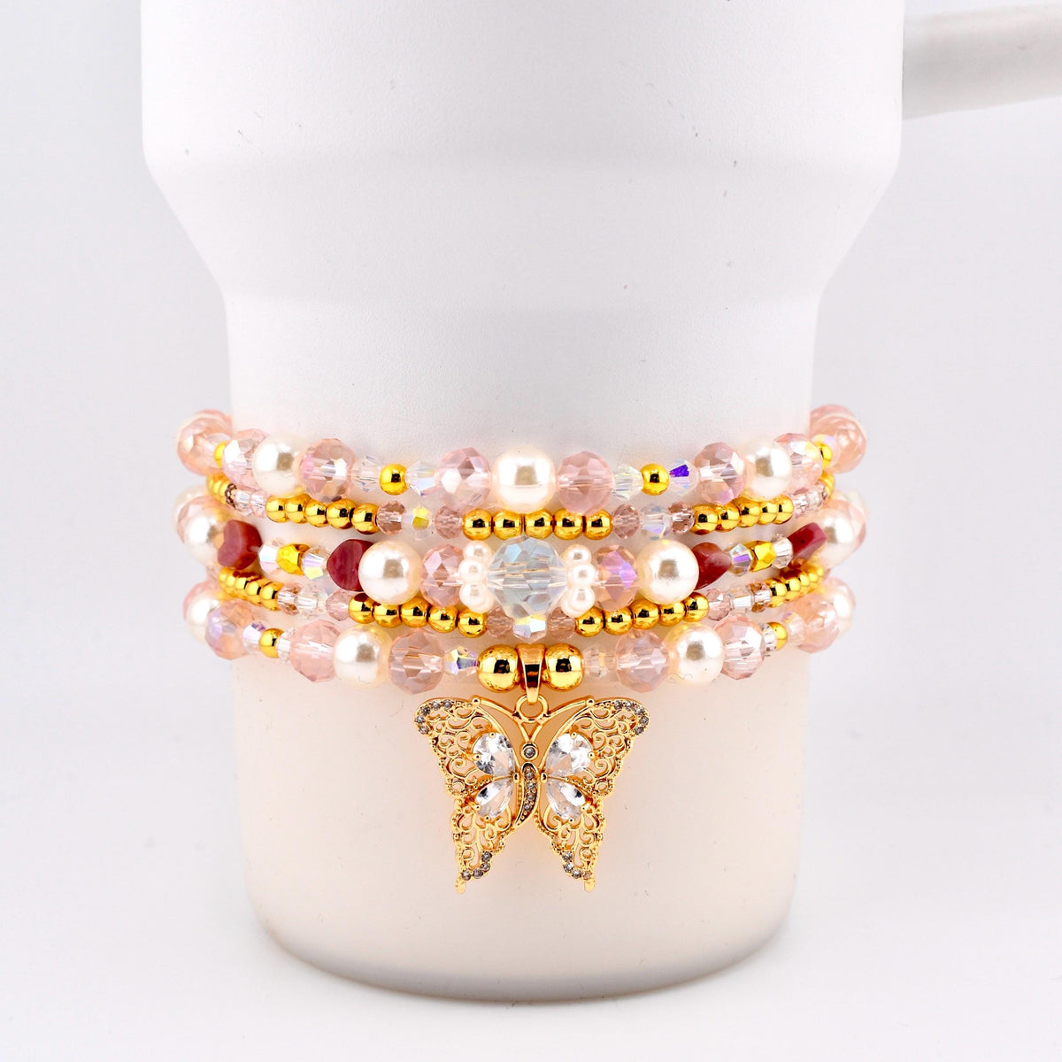 Pink Butterfly Bracelet Stack Set of 5, Tumbler Bracelets, Gold Butterfly Charm, Pearl Crystal Beaded Bracelets, 40 oz Cup Accessory