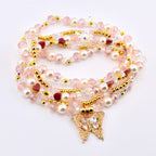 Pink Butterfly Bracelet Stack Set of 5, Tumbler Bracelets, Gold Butterfly Charm, Pearl Crystal Beaded Bracelets, 40 oz Cup Accessory
