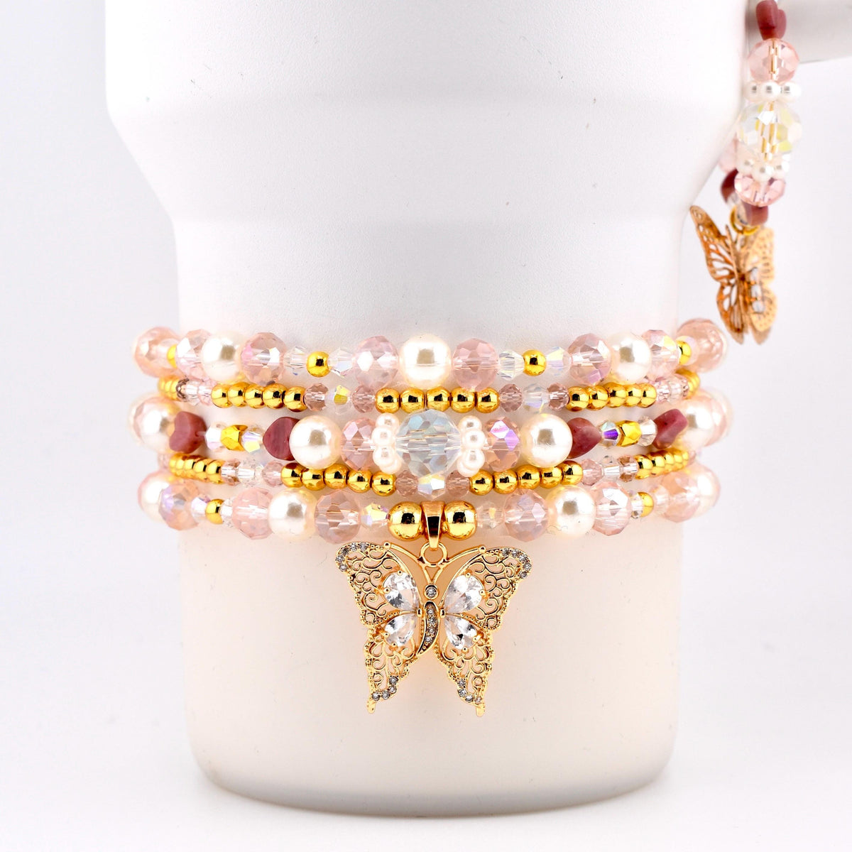 Pink Butterfly Bracelet Stack Set of 5, Tumbler Bracelets, Gold Butterfly Charm, Pearl Crystal Beaded Bracelets, 40 oz Cup Accessory