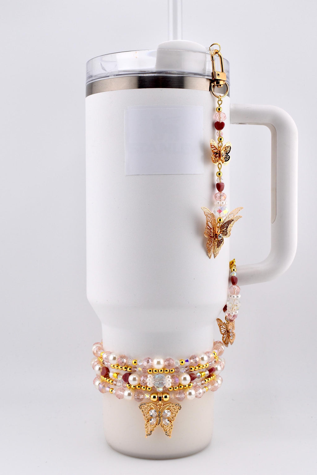 Pink Butterfly Bracelet Stack Set of 5, Tumbler Bracelets, Gold Butterfly Charm, Pearl Crystal Beaded Bracelets, 40 oz Cup Accessory