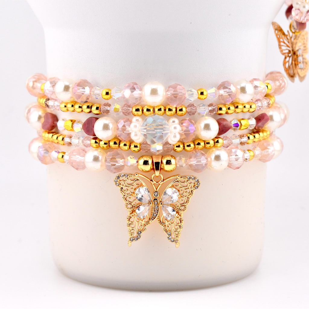 Pink Butterfly Bracelet Stack Set of 5, Tumbler Bracelets, Gold Butterfly Charm, Pearl Crystal Beaded Bracelets, 40 oz Cup Accessory