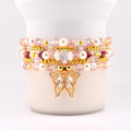 Pink Butterfly Bracelet Stack Set of 5, Tumbler Bracelets, Gold Butterfly Charm, Pearl Crystal Beaded Bracelets, 40 oz Cup Accessory