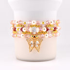 Pink Butterfly Bracelet Stack Set of 5, Tumbler Bracelets, Gold Butterfly Charm, Pearl Crystal Beaded Bracelets, 40 oz Cup Accessory