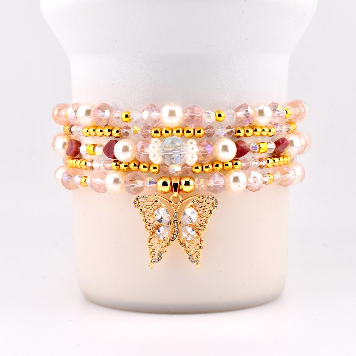 Pink Butterfly Bracelet Stack Set of 5, Tumbler Bracelets, Gold Butterfly Charm, Pearl Crystal Beaded Bracelets, 40 oz Cup Accessory