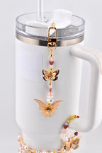 Butterfly Straw Charm, Gold Butterfly Tumbler Charm, Pink Beaded Straw Dangle, Pearl Crystal Cup Charm, Bag Charm Keychain Option
