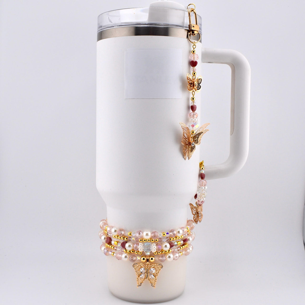 Butterfly Straw Charm, Gold Butterfly Tumbler Charm, Pink Beaded Straw Dangle, Pearl Crystal Cup Charm, Bag Charm Keychain Option