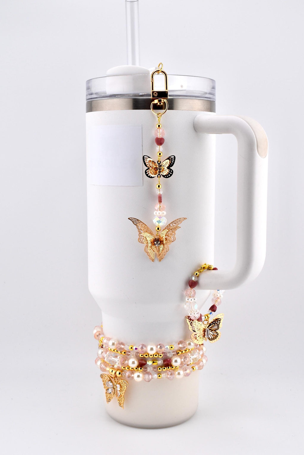 Butterfly Straw Charm, Gold Butterfly Tumbler Charm, Pink Beaded Straw Dangle, Pearl Crystal Cup Charm, Bag Charm Keychain Option