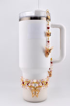 Butterfly Straw Charm, Gold Butterfly Tumbler Charm, Pink Beaded Straw Dangle, Pearl Crystal Cup Charm, Bag Charm Keychain Option