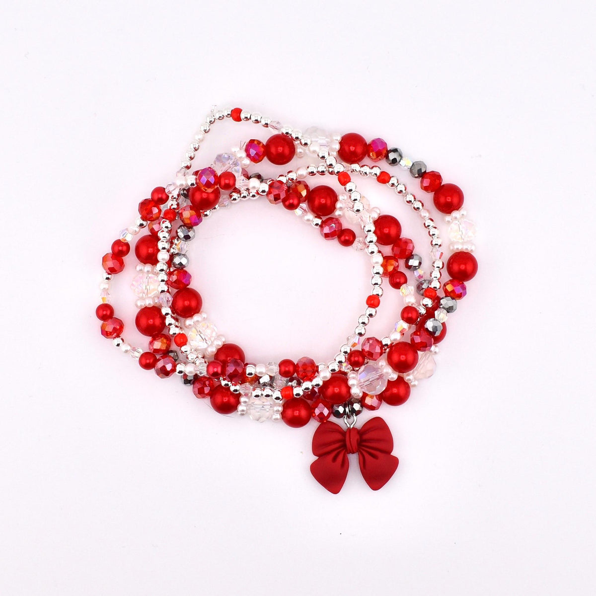 Soft Pink Ribbon Bracelet Collection: Red Silver and Crystal Beaded Bracelets
