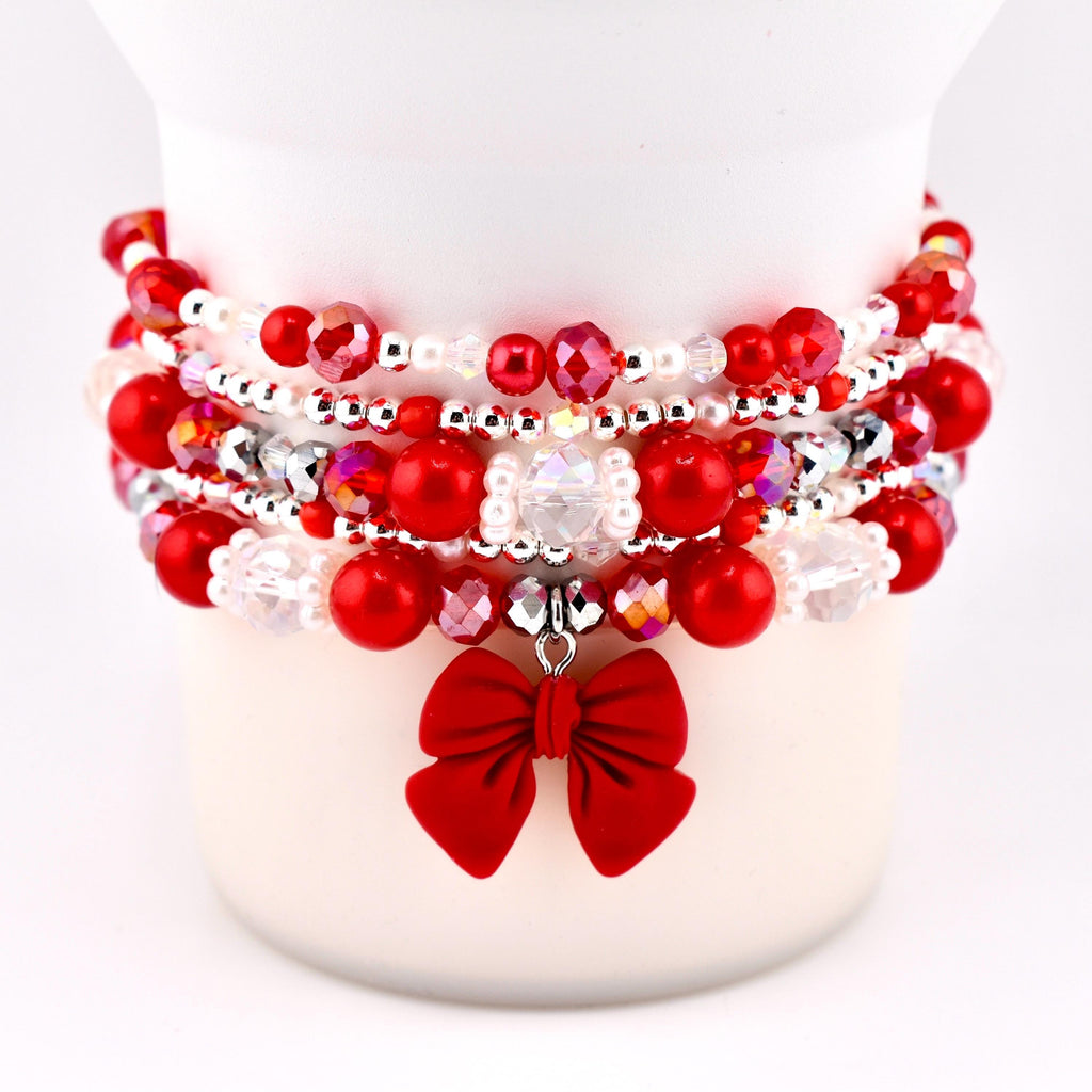 Soft Pink Ribbon Bracelet Collection: Red Silver and Crystal Beaded Bracelets