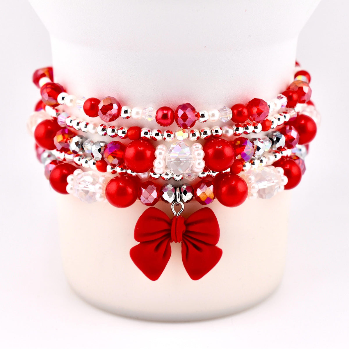 Soft Pink Ribbon Bracelet Collection: Red Silver and Crystal Beaded Bracelets
