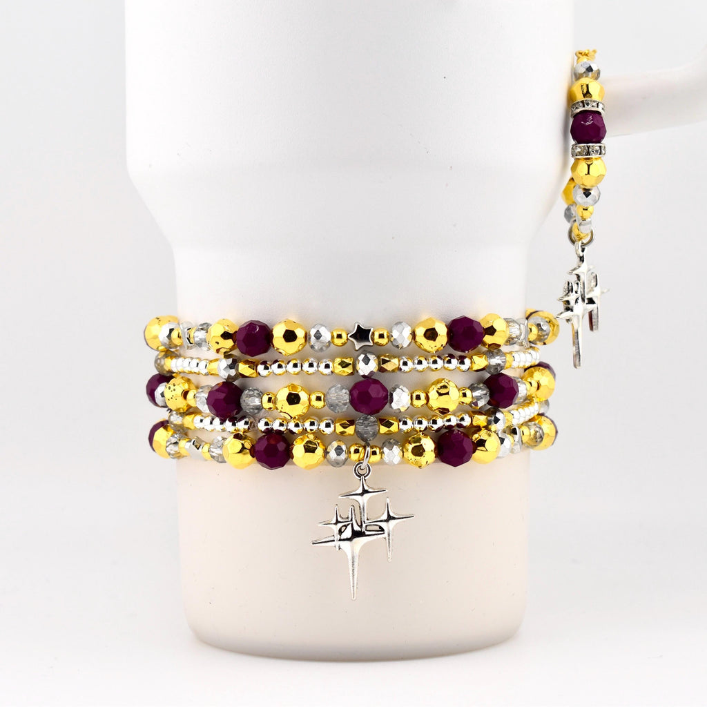 Plum Radiance Bracelet Collection: Purple Silver and Gold Beaded Bracelets