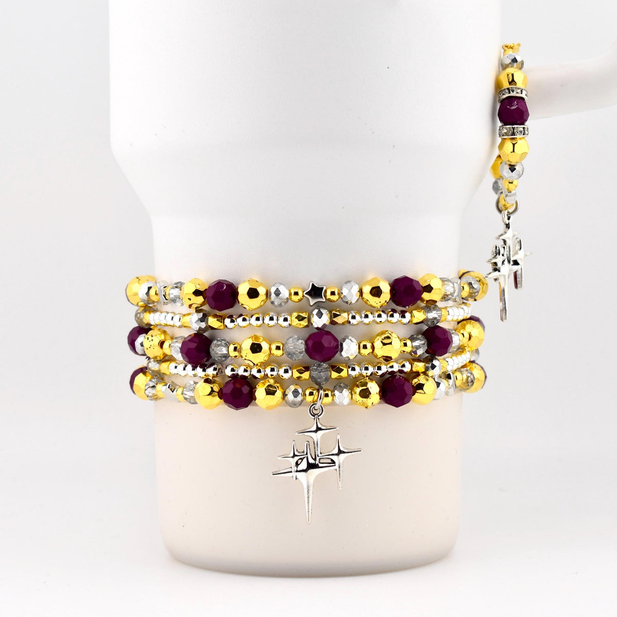 Plum Radiance Bracelet Collection: Purple Silver and Gold Beaded Bracelets