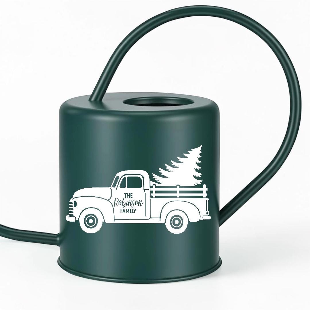 Personalized Christmas Tree Watering Can, Vintage Truck Design, Forest Green (50 oz)