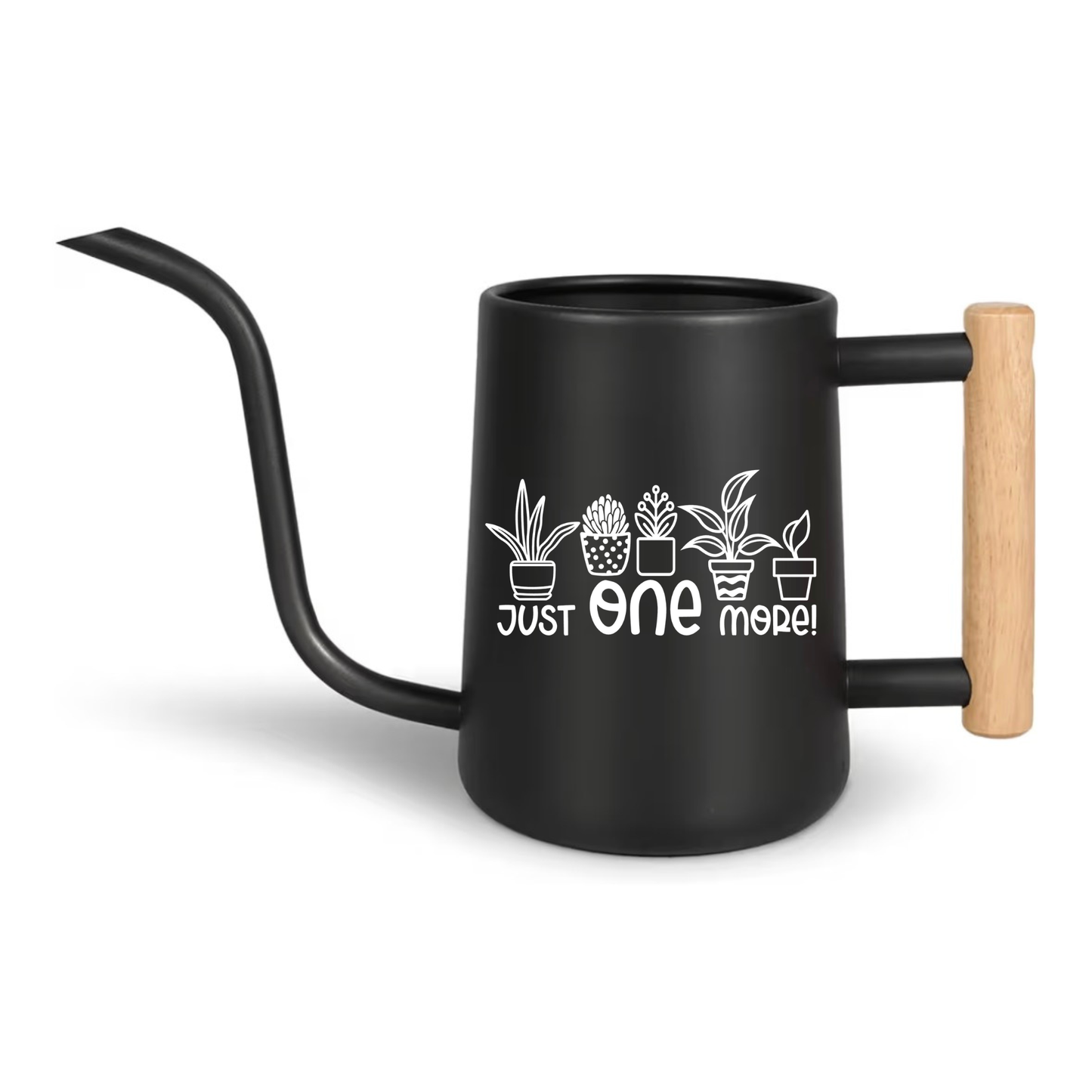 Black ceramic mug with wooden handle and plant design on a white background