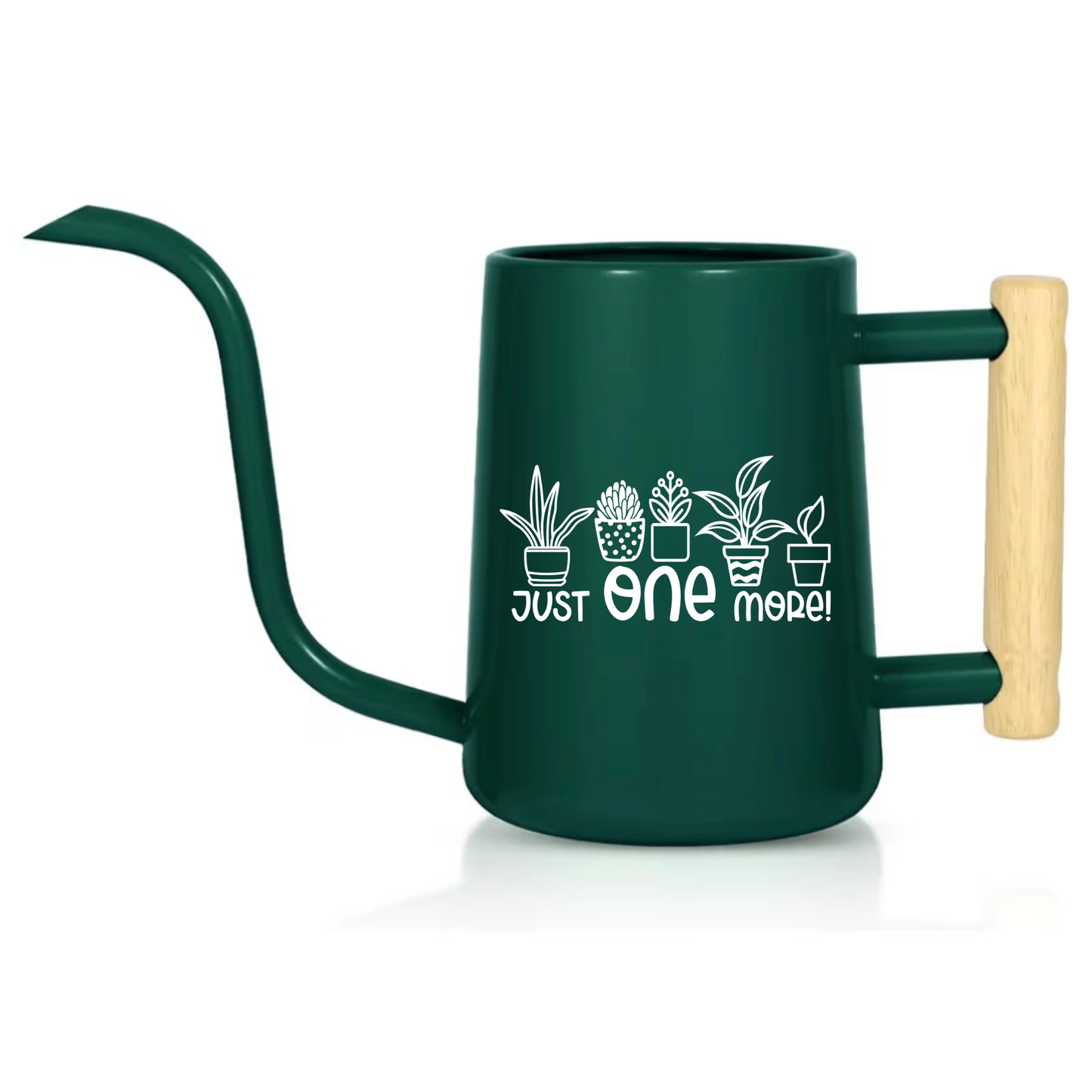 Green watering can with wooden handle and plant-themed text on a white background