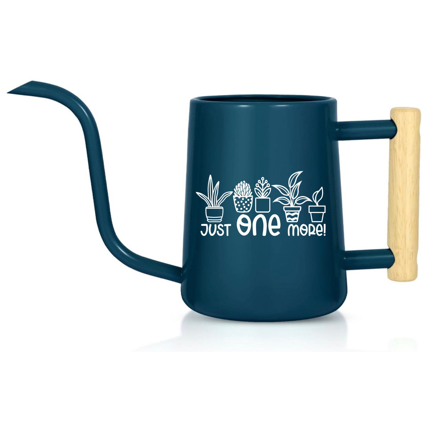 Blue watering can with a wooden handle and plant design on a white background