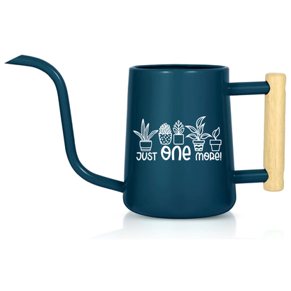 Blue watering can with a wooden handle and plant design on a white background