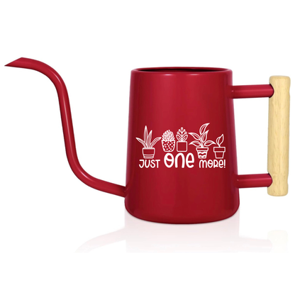 Red watering can with a wooden handle and white text on a white background