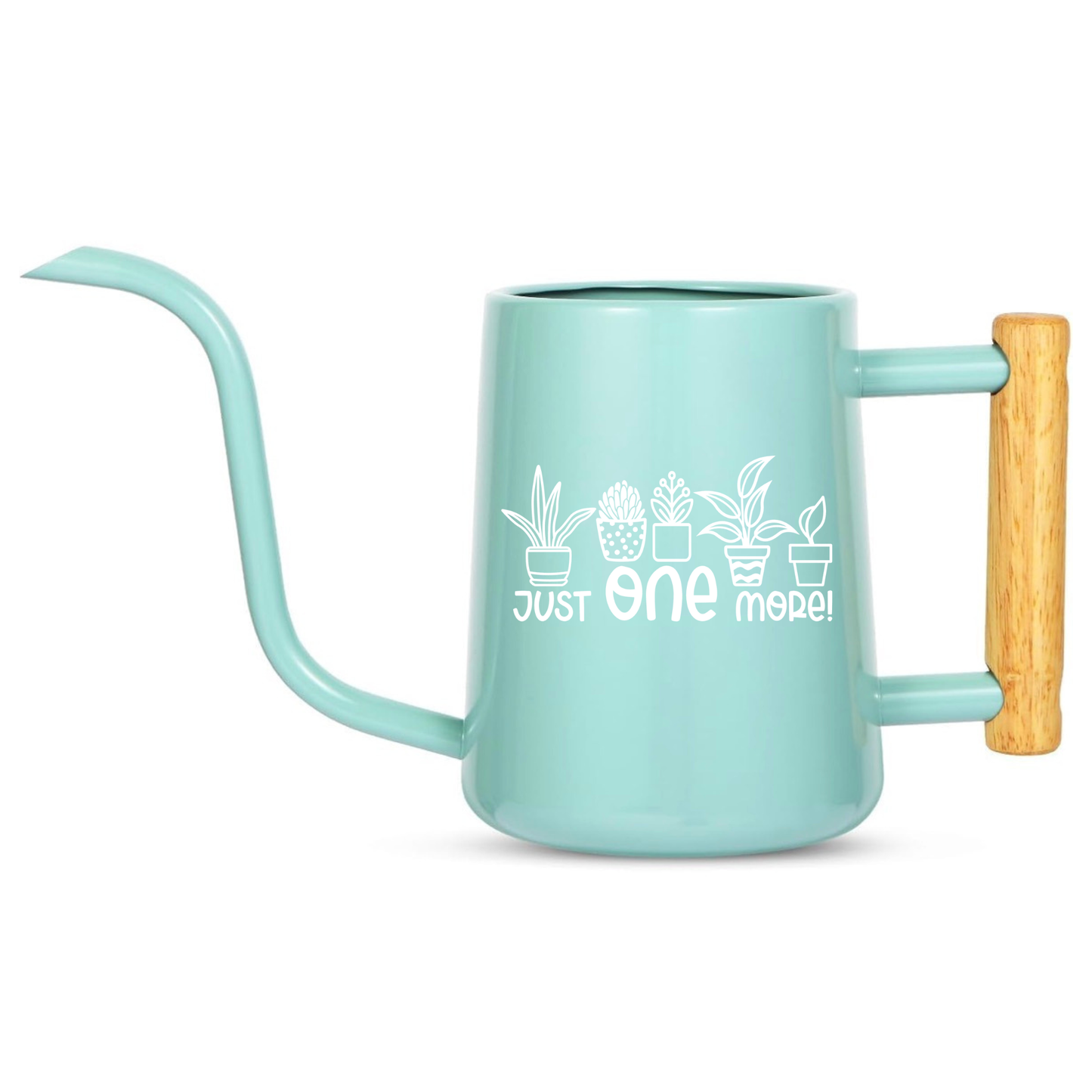 Teal watering can with wooden handle and plant-themed text on a white background
