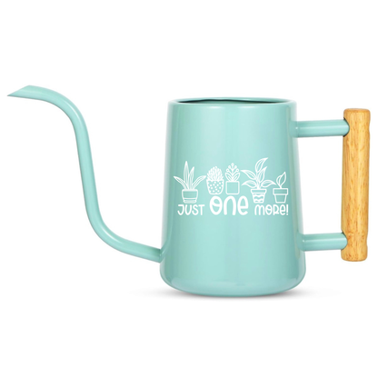 Teal watering can with wooden handle and plant-themed text on a white background