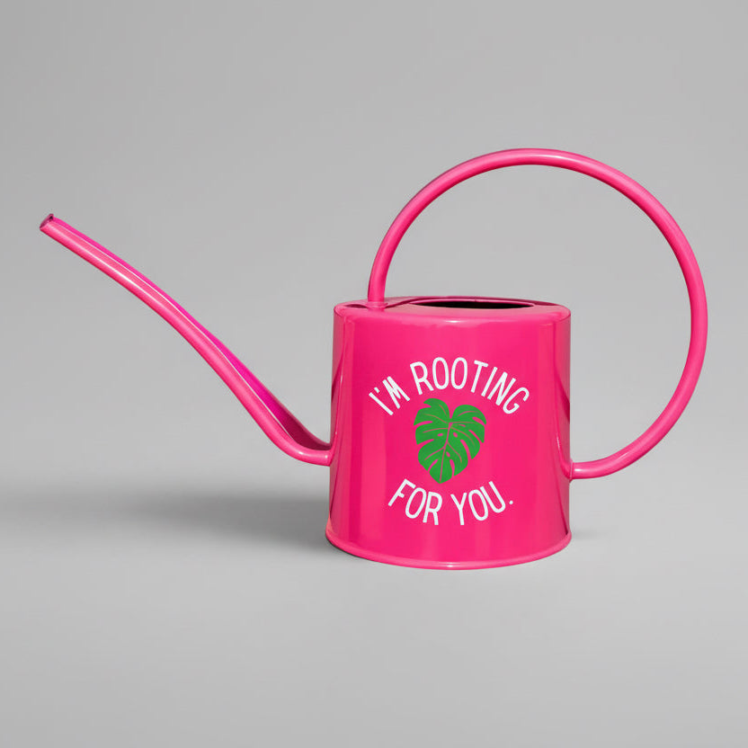 Pink watering can with I'm rooting for you on side