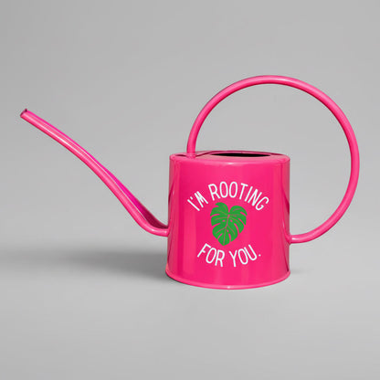 Pink watering can with I'm rooting for you on side