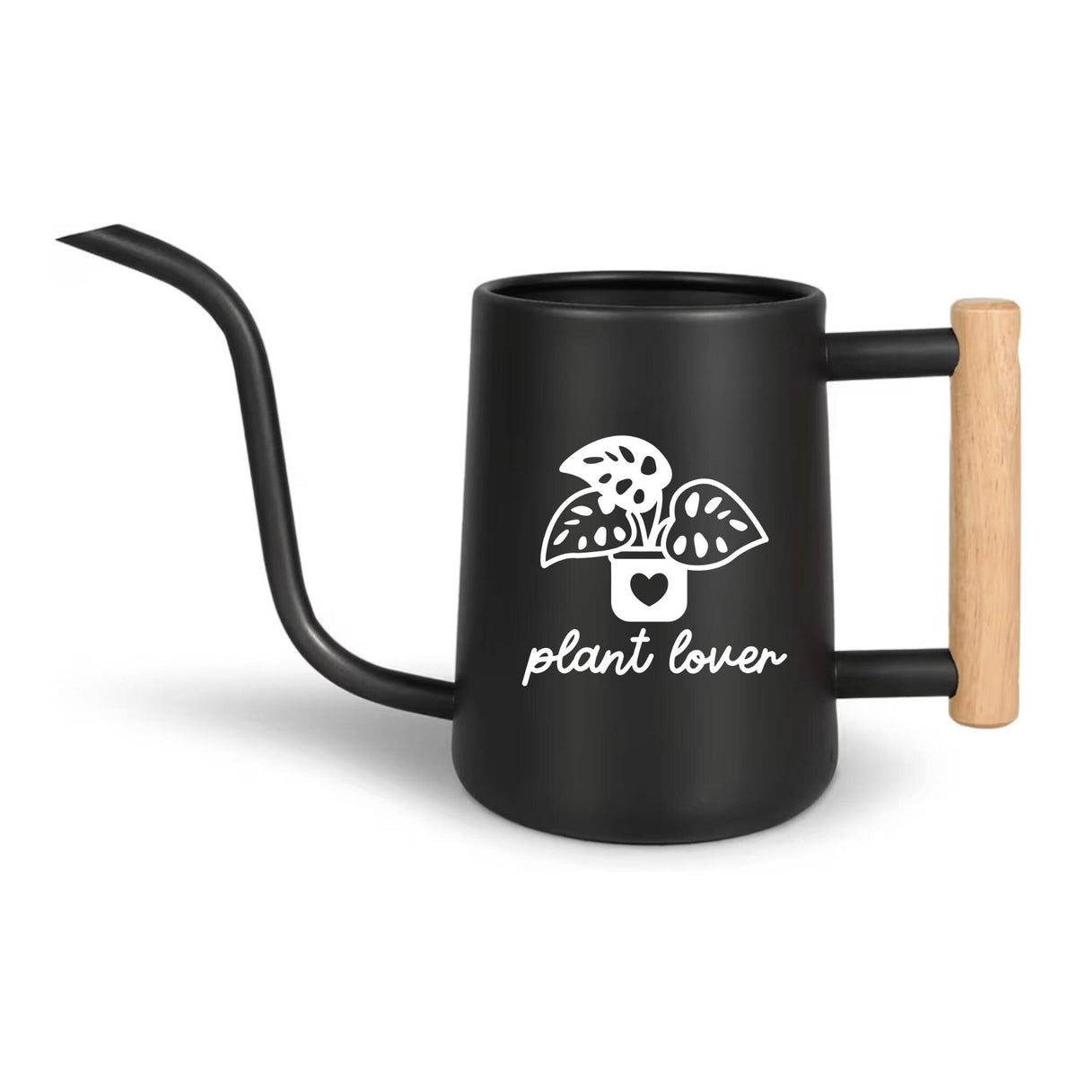 Black metal watering can with a long spout and wooden handle. The can features a white graphic of a potted plant with the words "plant lover" in a script font. Ideal for indoor or outdoor plant care.