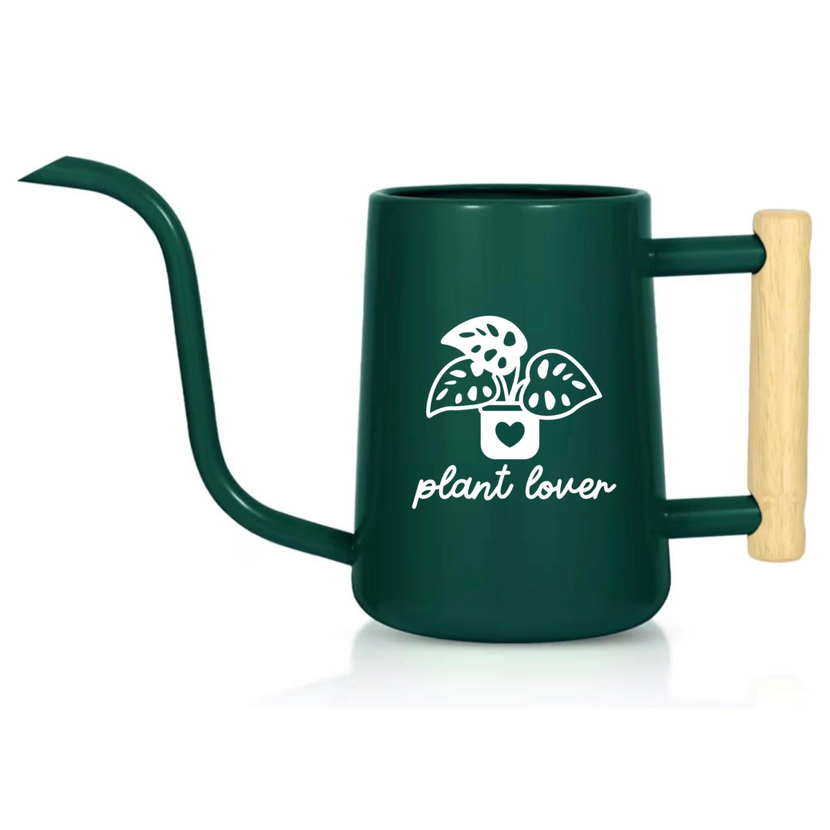 A dark green watering can with a long, curved spout and a wooden handle. The can features a white graphic of a potted plant with the words "plant lover" below it. Ideal for indoor or outdoor gardening.