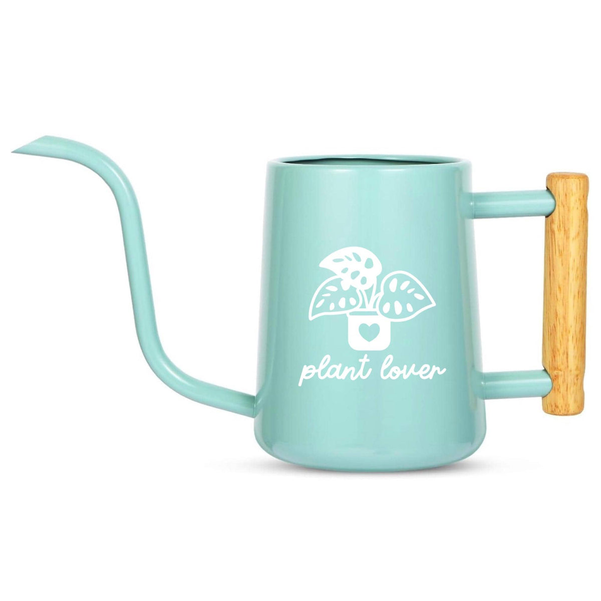 A light teal watering can with a long, curved spout and a wooden handle. The can features a white graphic of a plant in a pot with the words "plant lover" below it. The watering can is designed for indoor plants.