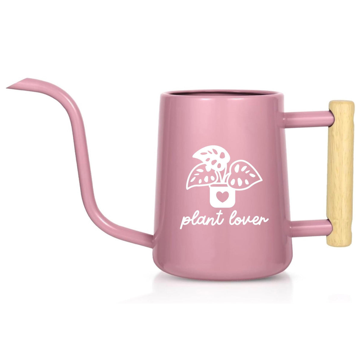 A pink watering can with a long, slender spout and a wooden handle. The can features a white graphic of a plant in a pot with the words "plant lover" below it. The watering can is designed for indoor plant care.