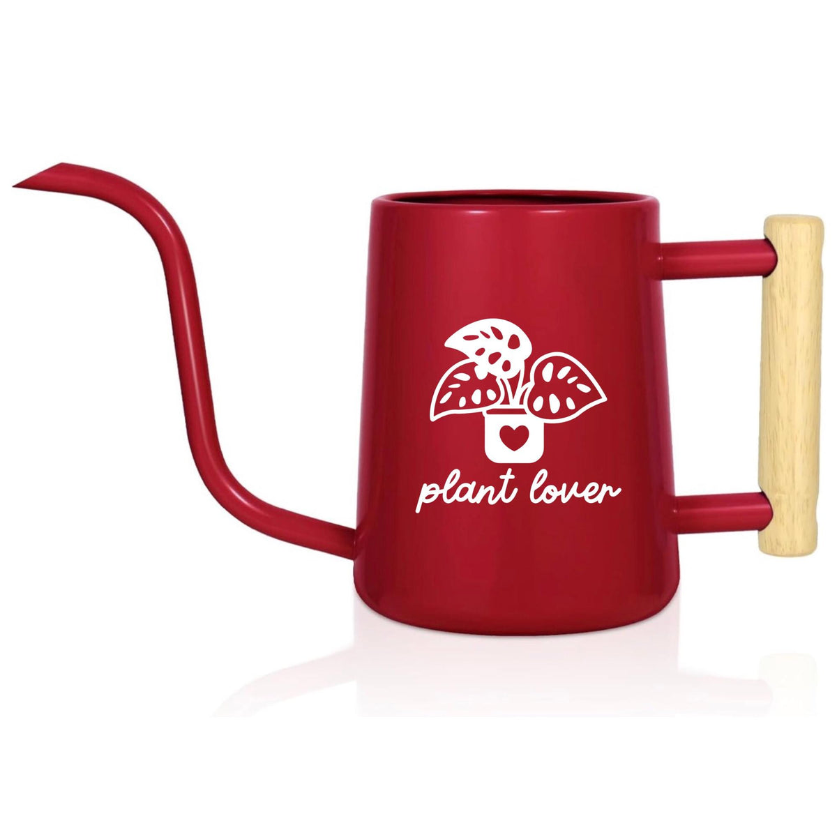 A red metal watering can with a long, curved spout and a wooden handle. The can features a white graphic of a plant in a pot with a heart and the words "plant lover."