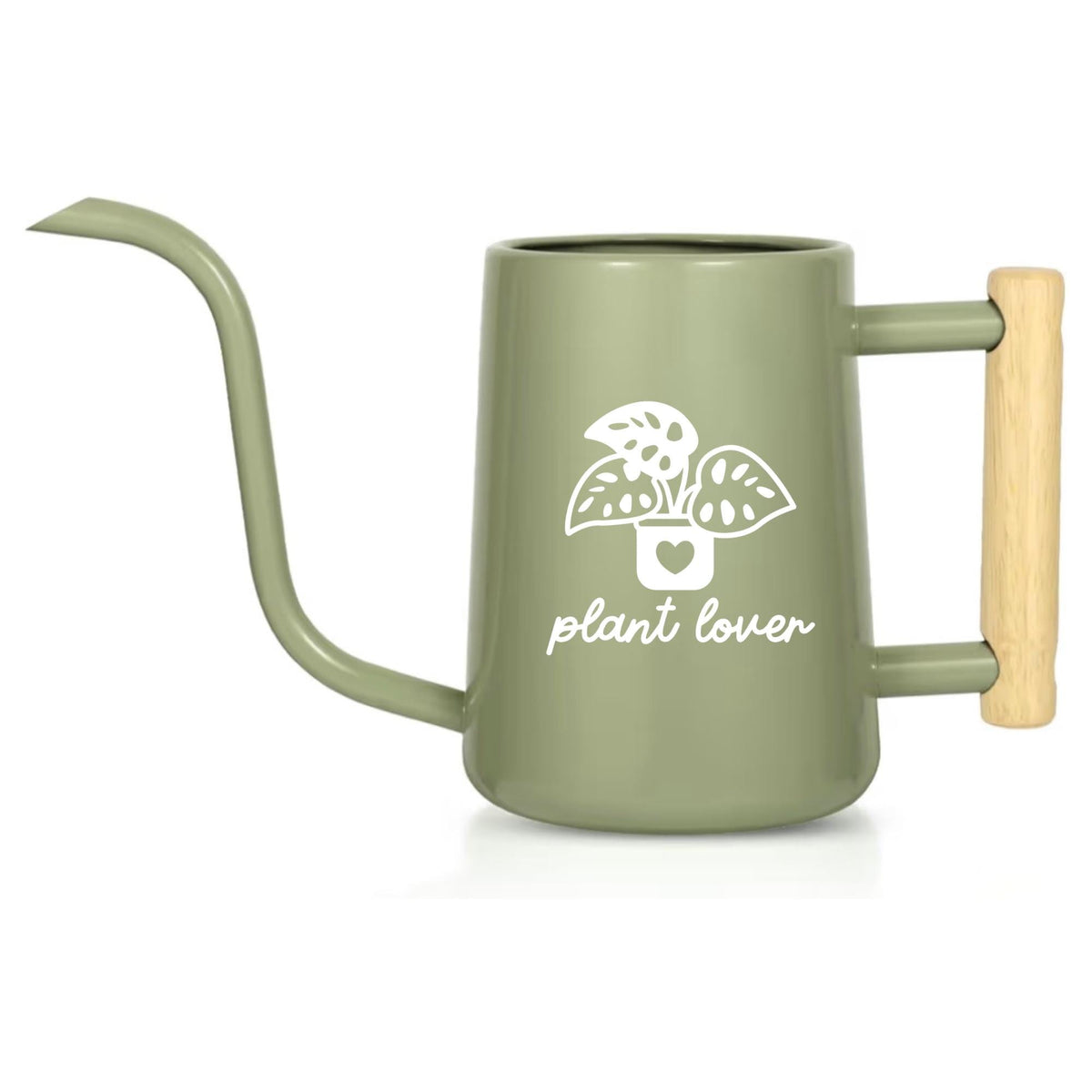 Sage green watering can with a long, slender spout and a wooden handle. The can features a white graphic of a plant in a pot with the words "plant lover" below it. The watering can is designed for indoor or outdoor use.