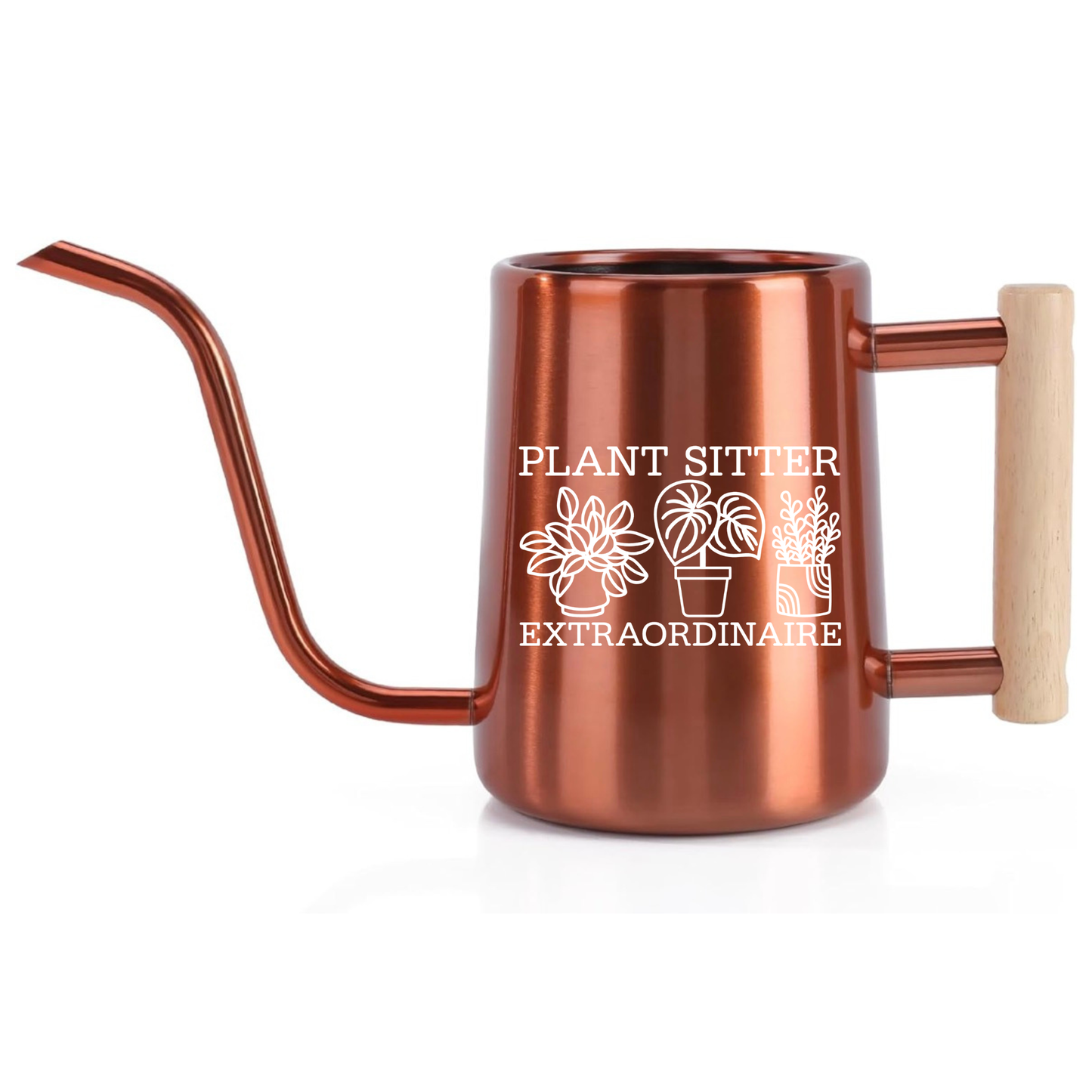 Copper-colored watering can with 'Plant Sitter Extraordinaire' text and plant illustrations on a white background